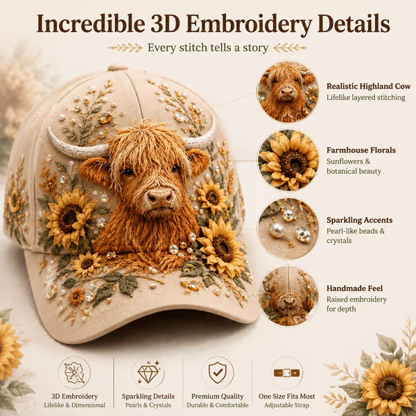 🔥 Last Day 49% OFF – 🧢 3D Highland Cow Embroidery Cap - 🐾 Dachshund