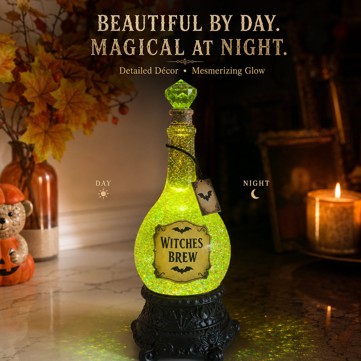 Lighted Witches’ Brew Poison Bottle Glitter Globe