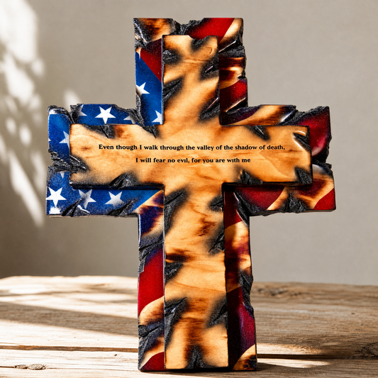 Handmade Tattered Flag Cross with engraved Psalm 23 on a torch-burned wood and tattered American flag