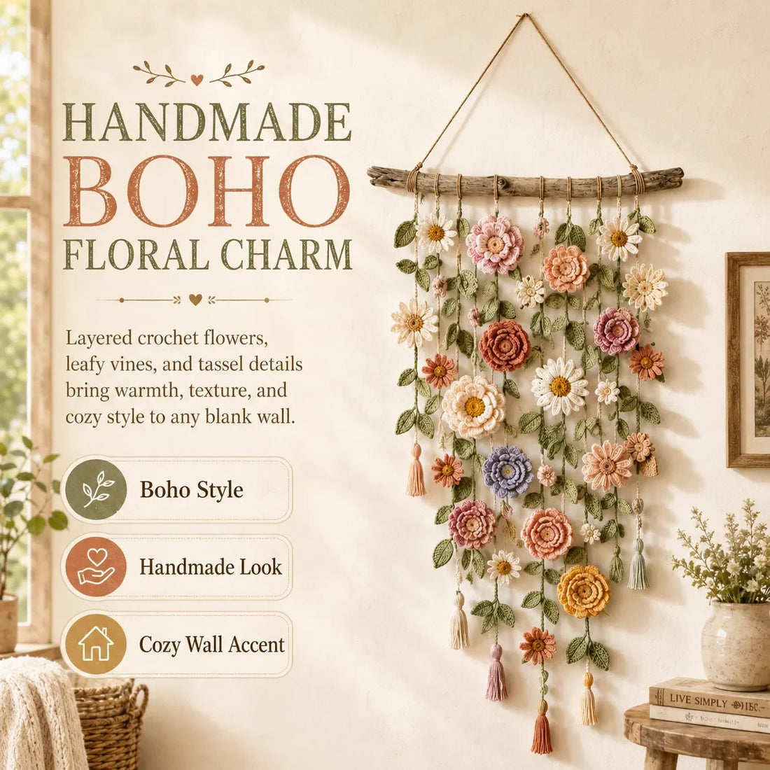 🔥 Last Day 49% OFF –Boho Crochet Flower WallHanging Decor
