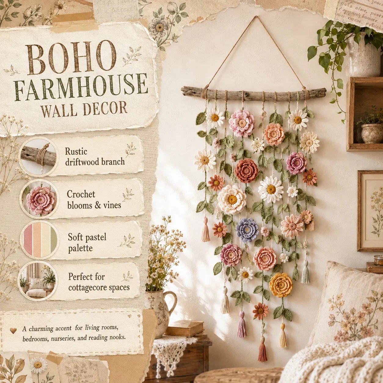 🔥 Last Day 49% OFF –Boho Crochet Flower WallHanging Decor