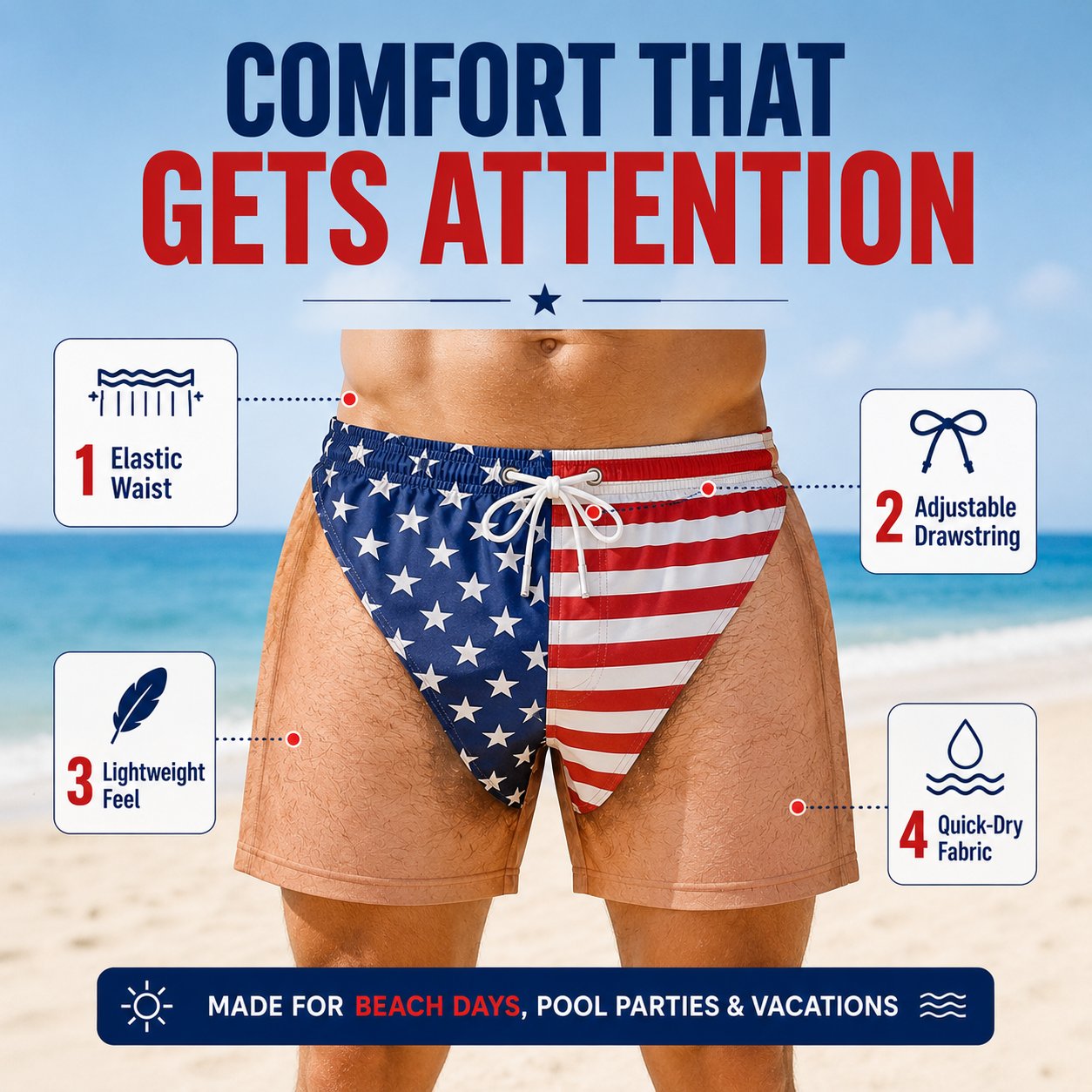 US Funny Patriotic Men’s Swim Trunks – Freedom & Chill Summer Beach Shorts 🏖️😎