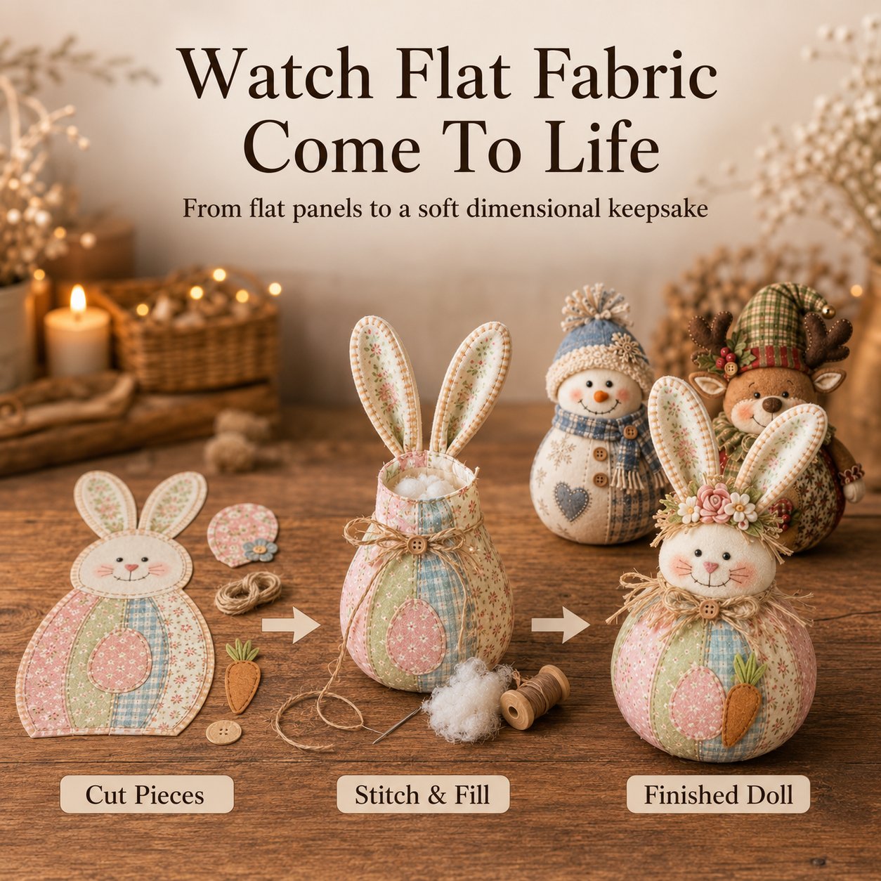 🔥Last Day 49% OFF - 🎄🎅Patchwork Fabric Doll DIY Kit | ✨Create a Cozy Handmade Character for Every Season!