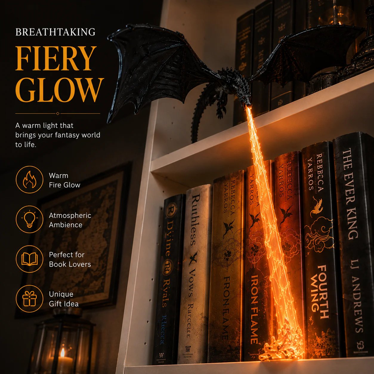 🐉 Fire-Breathing Dragon Bookshelf Decor Lamp + LED Flame Light Kit