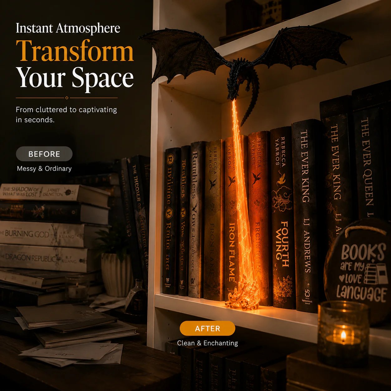 🐉 Fire-Breathing Dragon Bookshelf Decor Lamp + LED Flame Light Kit