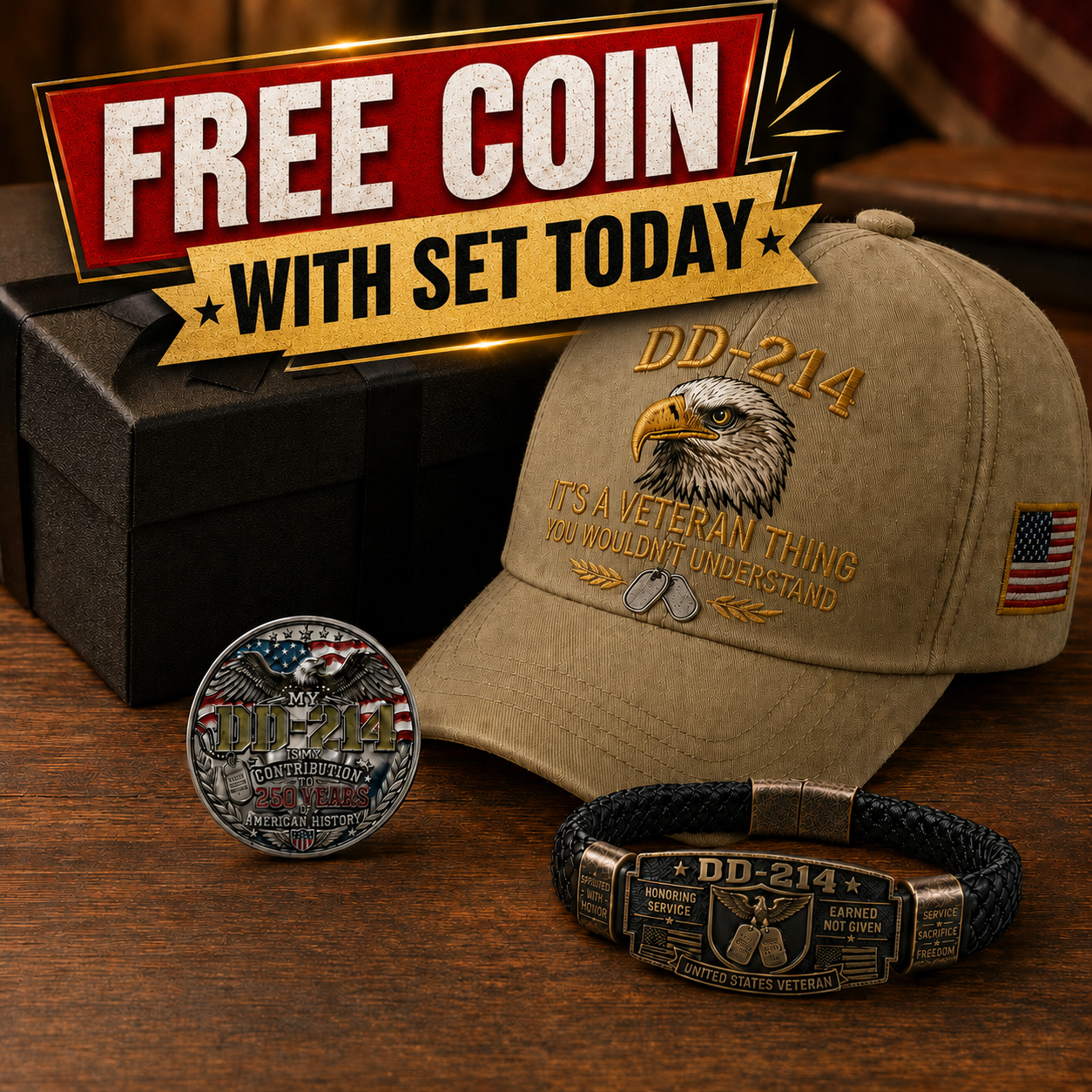 🔥 Today Only: FREE Collector Coin🔥 | DD-214 Veteran Honor 3-Piece Gift Set – Embroidered Cap, Coin & Bracelet