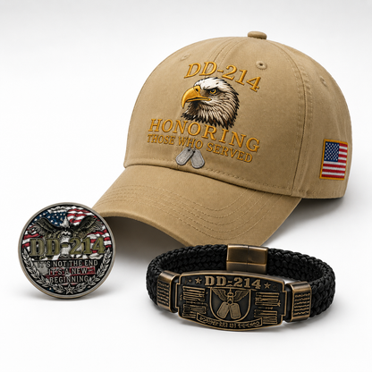 🔥 Today Only: FREE Collector Coin🔥 | DD-214 Veteran Honor 3-Piece Gift Set – Embroidered Cap, Coin & Bracelet