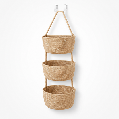 🧺Woven cotton 3-Tier Over the Door Basket, Wall-Mounted Jute Storage Organizer🔥