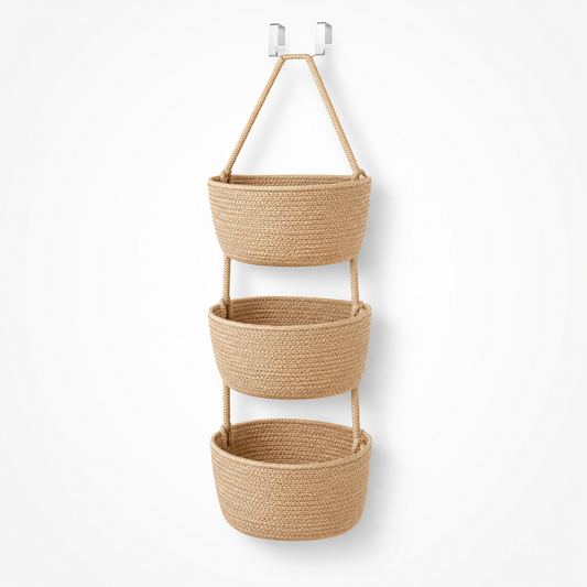 🧺Woven cotton 3-Tier Over the Door Basket, Wall-Mounted Jute Storage Organizer🔥