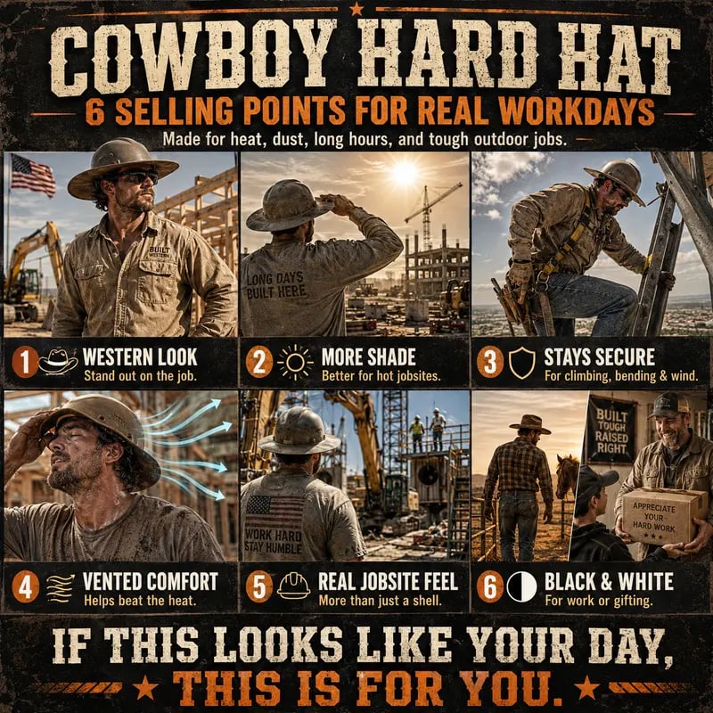Western Cowboy Hard Hat, Vented Wide Brim Safety Helmet for Construction & Ranch Workers