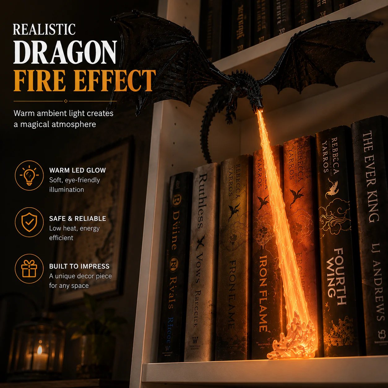 🐉 Fire-Breathing Dragon Bookshelf Decor Lamp + LED Flame Light Kit