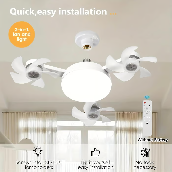 💡 Foldable E27 Fan Light – 2-in-1 LED Chandelier with Remote Control
