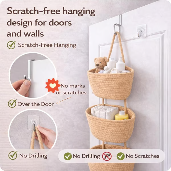🧺Woven cotton 3-Tier Over the Door Basket, Wall-Mounted Jute Storage Organizer🔥