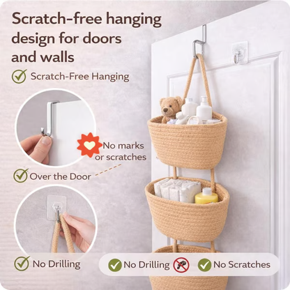 🧺Woven cotton 3-Tier Over the Door Basket, Wall-Mounted Jute Storage Organizer🔥
