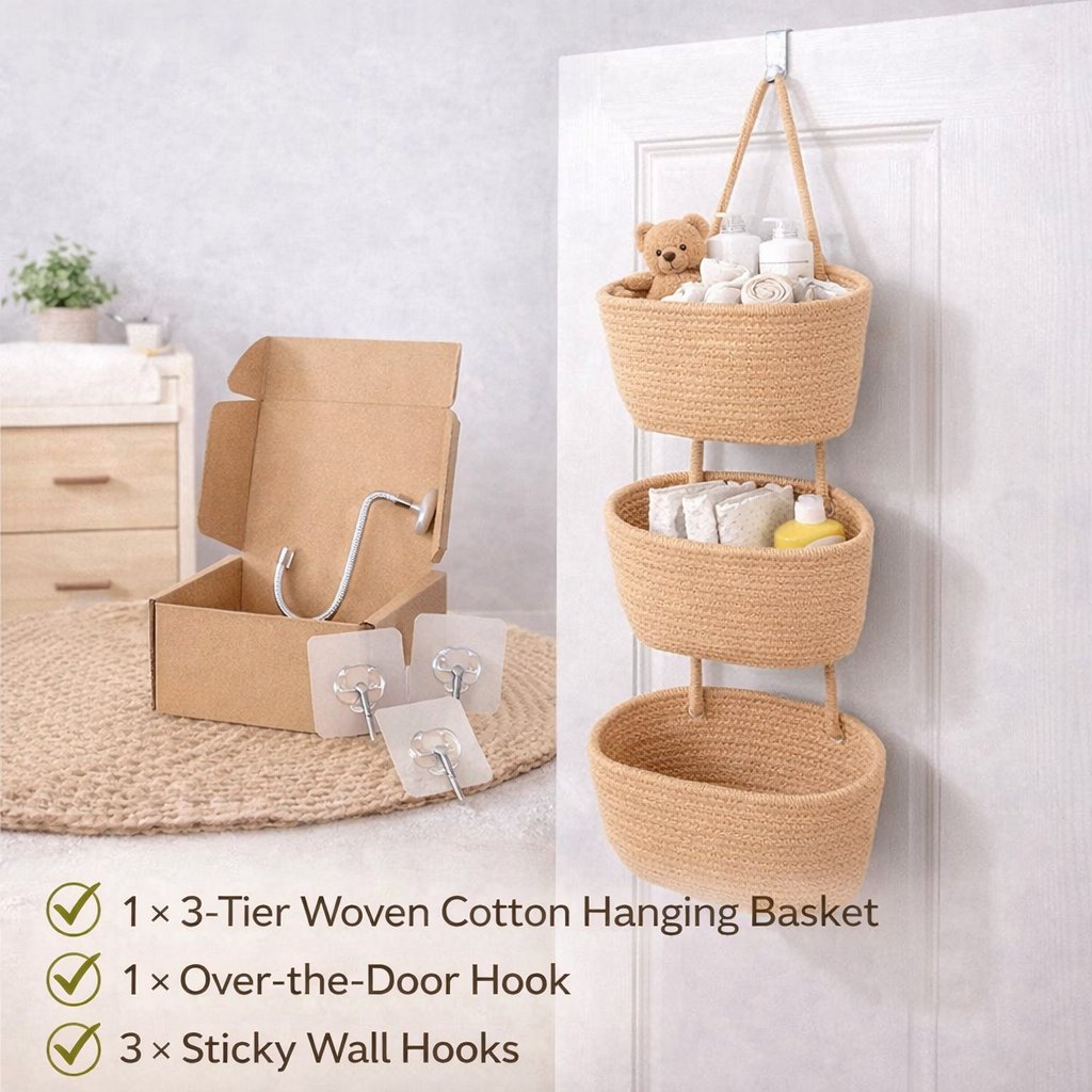 🧺Woven cotton 3-Tier Over the Door Basket, Wall-Mounted Jute Storage Organizer🔥 - Brown / Buy 1 Set (3pcs)