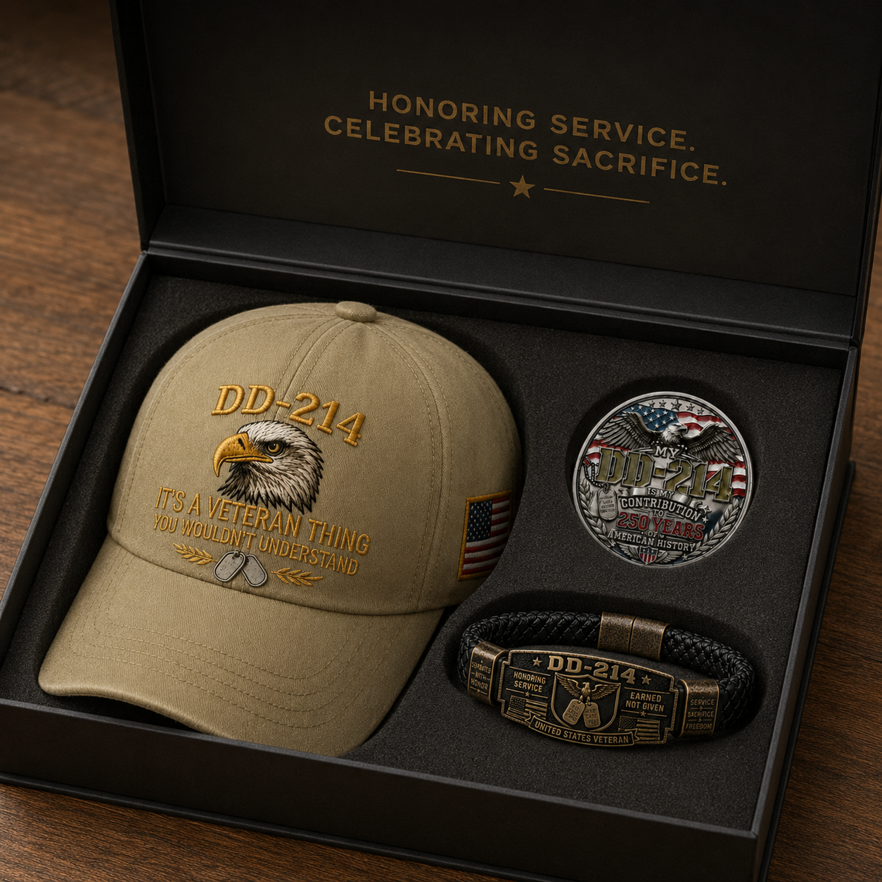 🔥 Today Only: FREE Collector Coin🔥 | DD-214 Veteran Honor 3-Piece Gift Set – Embroidered Cap, Coin & Bracelet