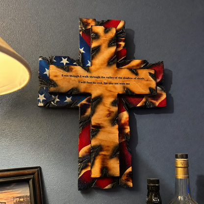 Tattered Flag Cross hung above a home bar